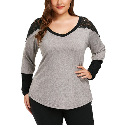 

Long Sleeve Lace Panel Plus Size T-shirt