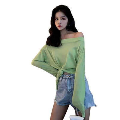 

Slash Neck Casual Loose Long Sleeve Solid Off Shoulder Pullover Tops