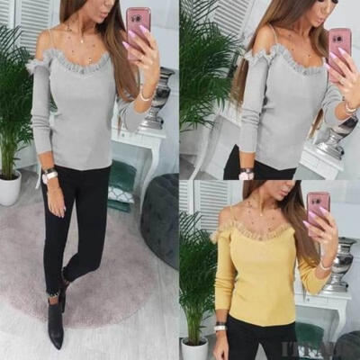 

Fashion Women Ladies Slim Casual Long Sleeve Cotton T-Shirt Lace Off Shoulder Tops Shirts
