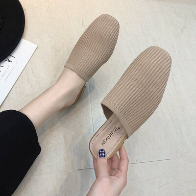 

Knitting elasticity breathable fashion bag head half drag heel lazy person pedal one foot to wear casual sandals&slippers outs