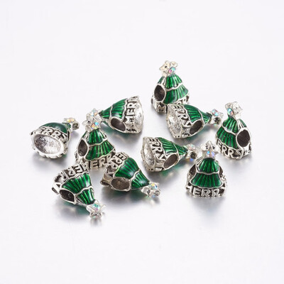 

Tibetan Style Alloy European Beads Large Hole Beads with Enamel&Rhinestone Christmas Tree Crystal AB Antique Silver