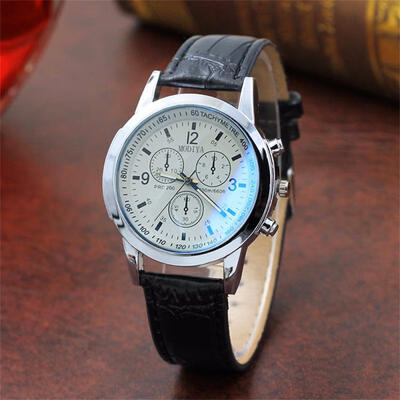 

Casual Mens Wrist Watch With Grain Leather Strap Fashionable Two-tone Watch With Sub-dials