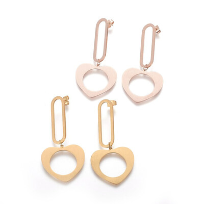 

304 Stainless Steel Dangle Stud Earrings Oval with Heart Mixed Color 61mm Pin 08mm