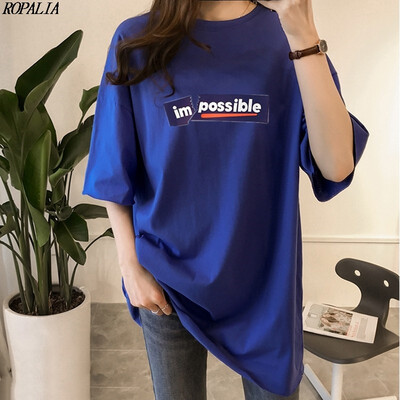 

Womens Round Neck Letter Print Short Sleeve Loose Long T-Shirt Simple Casual Summer Cool Tops