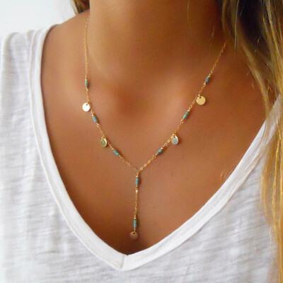

European&American style sexy accessories featuring handmade chain turquoise round pendant necklace lariat Y-shaped jewelry necklace