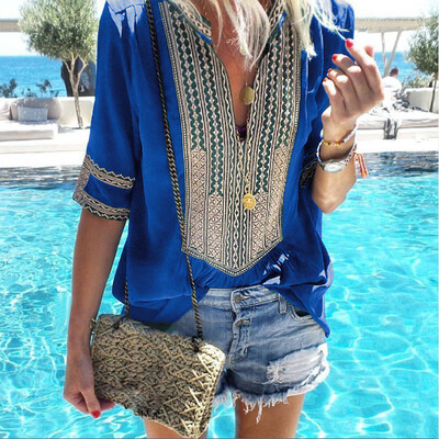

Women Bohemian V-neck Sexy Half Sleeve T-shirt Loose Casual Striped Print Blouse
