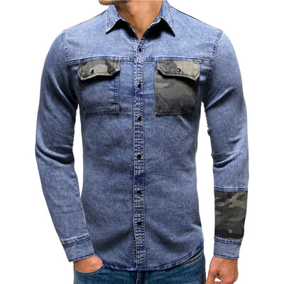 

Tailored Men Casual Camouflage Panel Button Down Denim Shirt Top Blouse