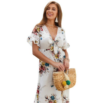 

Women Summer Sweet Flower Printed V Collar Short Sleeve Long Dress All-match Dress
