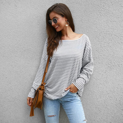 

Women Loose Oblique Collar Summer Stripes Print Loose Long Sleeve Casual Simple Wild T-Shirt