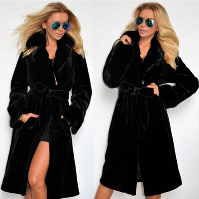 

Women Long Sleeve Winter Warm Lapel Fox Faux Fur Long Coat Jacket Overcoat Outwear with Pockets
