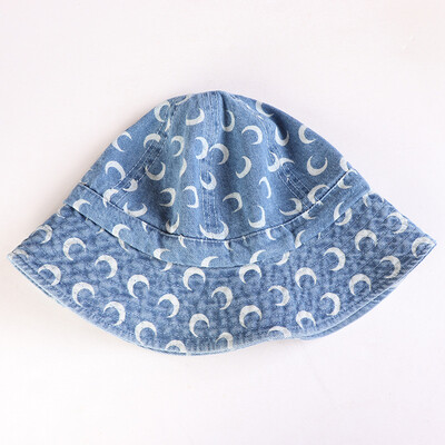 

New autumn ins street shoot crescent print basin hat moon denim blue fisherman hat foldable sun shade hat