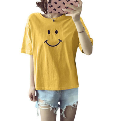 

Fashion Women Casual Loose Short Sleeve T-Shirts Embroidery Smiling Crew Neck Tee Tops