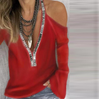 

Women Fashion Loose Casual V neck off shoulder Sequin Solid color sexy bell sleeve Autumn blouse tops