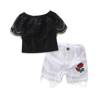 

Toddler Kids Baby Girls Off Shoudler Lace Tops Denim Shorts 2pcs Outfits Set