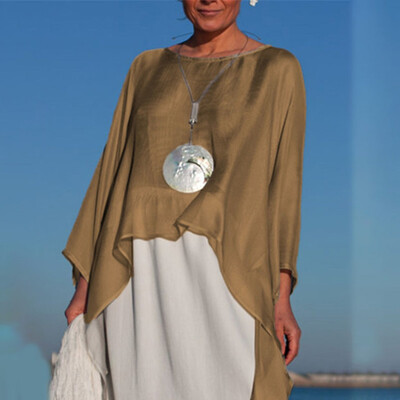 

2019 Women Round Neck Long Sleeve Irregular Hem Blouse Beach Holiday Tops Shirts