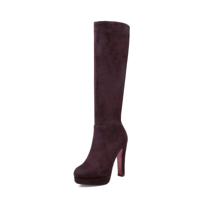 

IDIFU Womens Sexy Faux Suede Plain Round Toe Chunky High Heel Platform Side Zipper Under Knee High Biker Boots Shoes