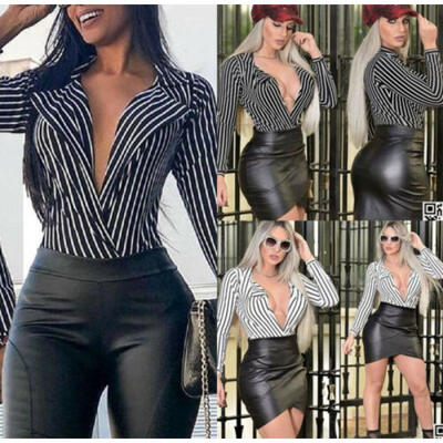 

Casual Women Lady Long Sleeve Stripe T-Shirt Top Deep-V Neck Tops Blouse Shirt