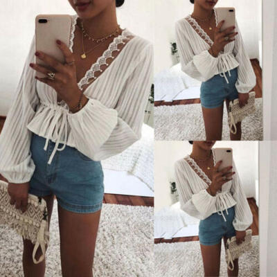 

Womens Ladies Long Sleeve Belted Shirts V-Neck Plain Casual T-shirts Blouse Tops