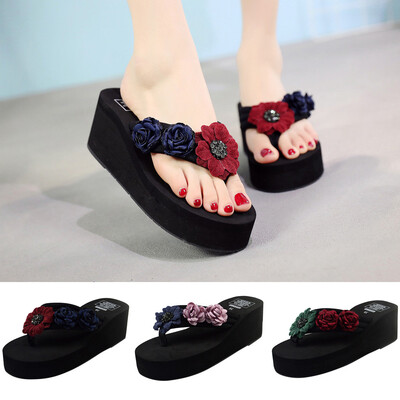 

Rose Women Bohemian Flower Thick-bottomed Flip-Flops Summer Sandals Beach Shoes