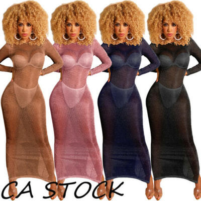 

CA Womens Lady Long Sleeve Sheer Maxi Dress See Through High Neck Party Cocktail