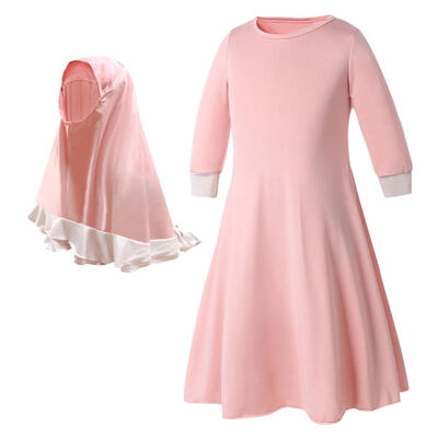 

Girls Long Sleeve Dress Kids Muslim Pink Dress 2pcs Clothing Headscarf Set