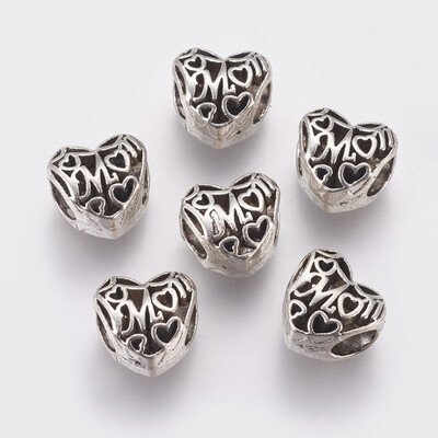 

Alloy European Style Beads Large Hole Beads Hollow Heart with Word Mom Antique Silver 10x10x8mm Hole 45mm