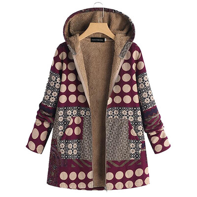 

Women Fashion Geometric Pattern Printed Hooded Jacket Ladies Casual Long Sleeve Thin Fluffy Fur Fleece Zipper Coat