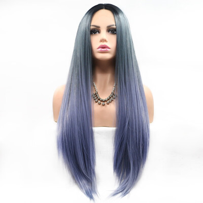 

Amazing Star Lace Frontal Wigs Straight Hair Ombre Blue Color Heat Resistant Fiber Middle Part Synthetic Hair For Fashion Women