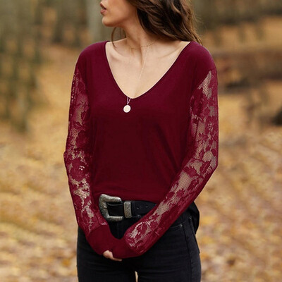 

Starmoon WomensFashion V Neck Solid Color Slim Fit Lace Long Sleeve Casual Basic T Shirt Blouses