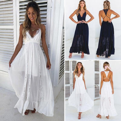 

Women&39s Summer Boho Lace Long Maxi Evening Party Cocktail Beach Dress Sundress