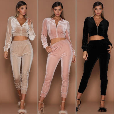

Women Tracksuit Hoodie Sweatshirt Pant Set Sport Wear Midriff-baring Casual Suit