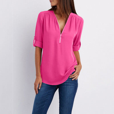 

Roseonmyhand Women Ladies Zipper Button Long Sleeves Loose Chiffon Shirt Clothing