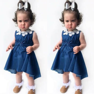 

Toddler Kids Baby Girls Dress Lace Floral Denim Princess Party Dresses Sundress