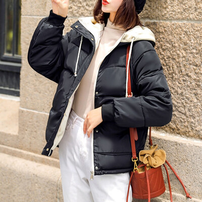 

Toponeto Women Fashion Loose Outerwear Short Cotton-padded Jackets Pocket Hooded Coats