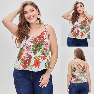 

Roseonmyhand Women Plus Size Casual Vest Boho Print Tank Backless Cross Strap Tunic Tops