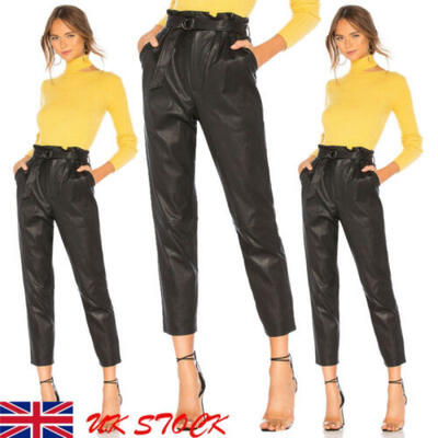 

Womens High Waist Paperbag Cigaratte PU Leather Stretch Trousers Ladies Pants