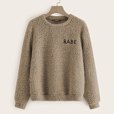 

Tailored Women Long Sleeve O Neck Solid Embroidered Letter Teddy Pullover Casual Sweater