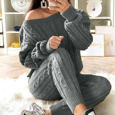 

Women Solid Color Sweater Casual Knitted Sweaters Pants Woman Jumper Tops Clothing Set Set Casual Knitted Warm Outfits
