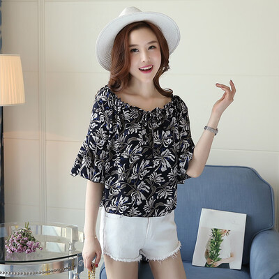 

Sexy Slash Neck Off Shoulder Top Chiffon Blouse Women Blouses 2018 Long Sleeve Ruffles Short Tops printing