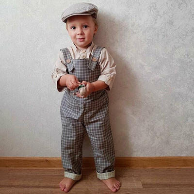 

Newborn Baby Boy Round Neck Long Sleeve Shirt Plaid Strap Trousers Clothes Set