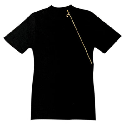 

New Women t shirt Summer Casual Concise Zipper women clothes Turtleneck Slim Fit Stripe Knitting Short Sleeve Tshirt