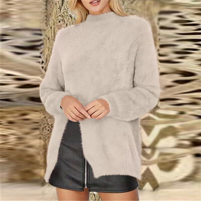 

Women Casual Split Sweater Fluffy Half High Collar Warm Long Sleeve Knitwear
