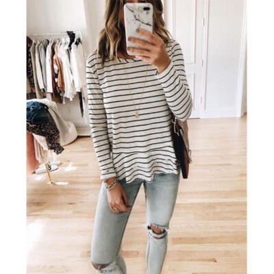 

Women Summer Long Sleeve Loose Trim Blouse Round Neck Tunic T-Shirt Top