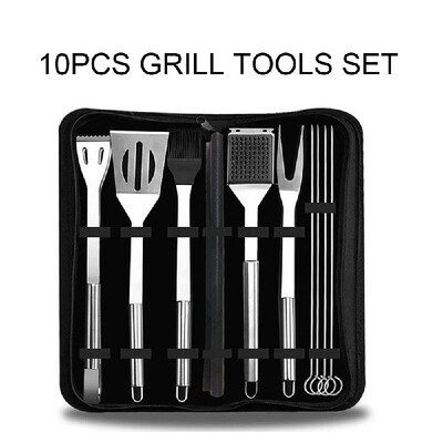

10pcs BBQ Grill Tools Set Professional Grill Accessories Spatula Fork Basting Brush Tongs Stainless Steel Grill Barbecue Cook Acce