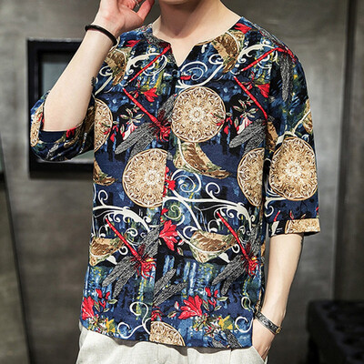 

Toponeto Mens Ethnic Style Tie Dye Half Sleeve Casual Cotton Linen Printing Shirt Blouse