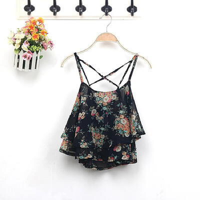 

New Fashion Women Cami Top Double Chiffon Tiers Floral Print Spaghetti Strap Sleeveless Sexy Blouse