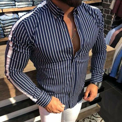 

Mens Slim Fit V Neck Long Sleeve Muscle Tee T-shirt Casual Tops Stripe Shirts