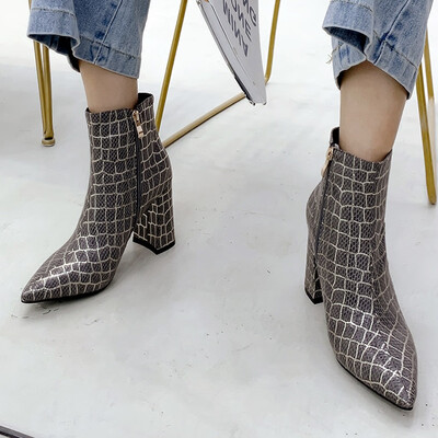 

Rose Women Stone Pattern Boots Mid-Boots Ankle Zipper Square Heel Casual Boots Shoes
