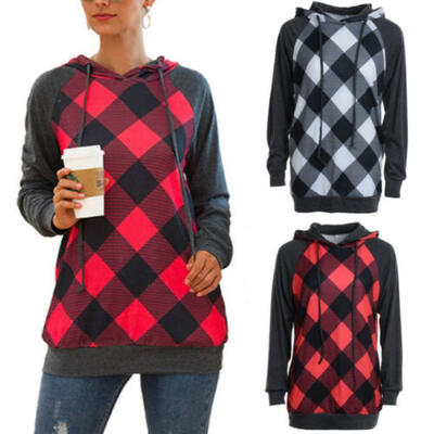 

Women Plaid & Checks Long Sleeve Hoodie Hooded Jumper Sweatshirt Hoody Pullover