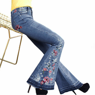 

Tailored Women Summer Elastic Plus Loose Denim Embroidery Casual Boot Cut Pant Jeans